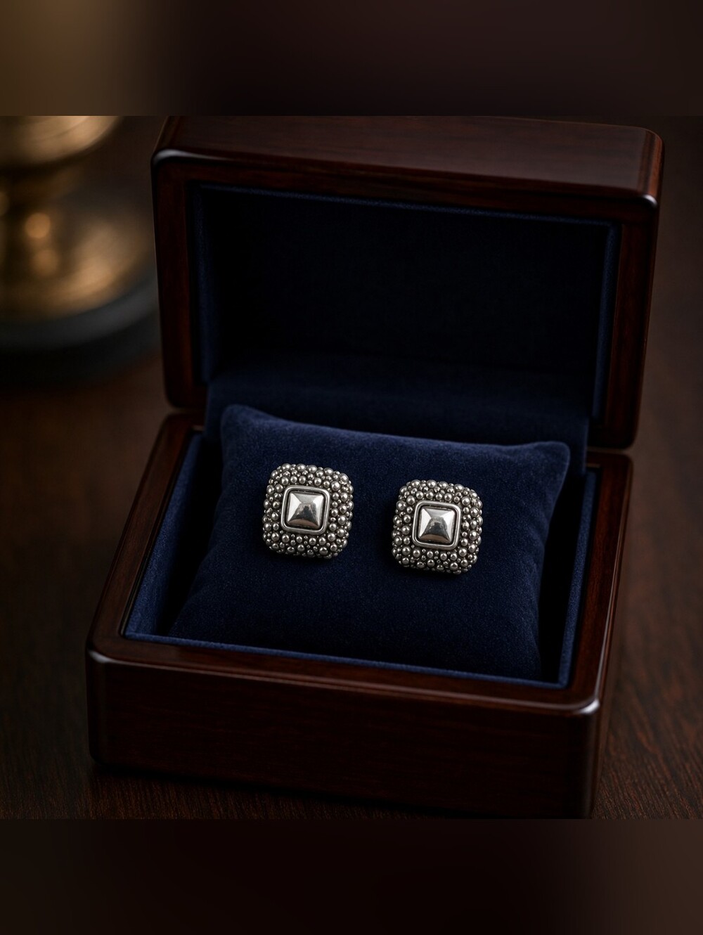Vintage Silver Tone Beaded Square Stud Earrings | Statement Textured Earrings